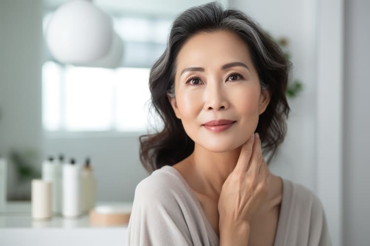 headshot-gorgeous-mid-age-adult-50-years-old-asian-woman-standing-bathroom-after-shower-touching-face-looking-reflection-mirror-doing-morning-beauty-routine-older-skin-care-concept